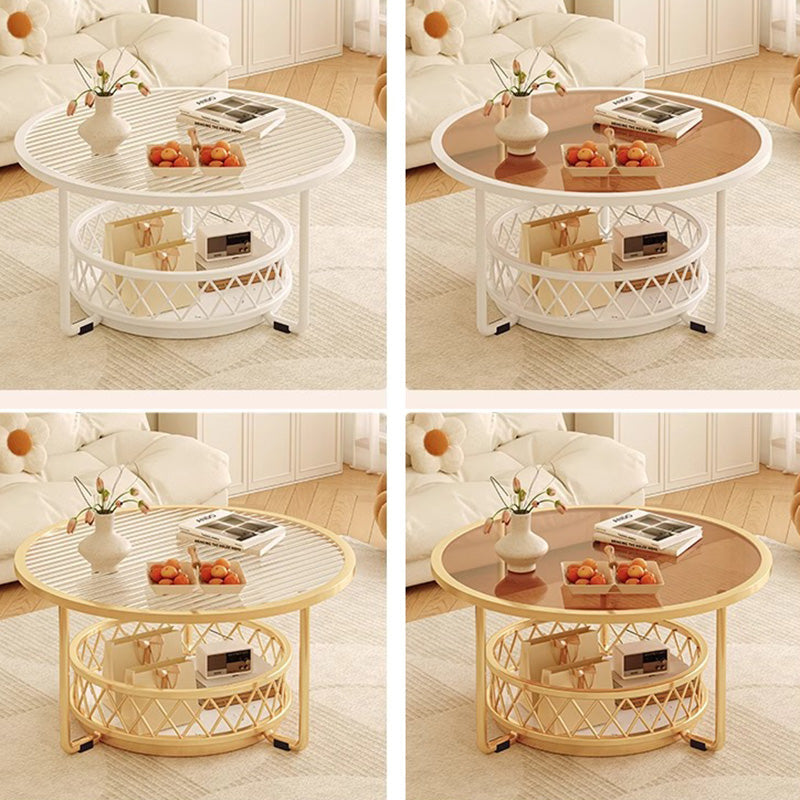 Modern Minimalist Round Tabletop Tempered Glass Iron Coffee Table 1-Shelf For Living Room