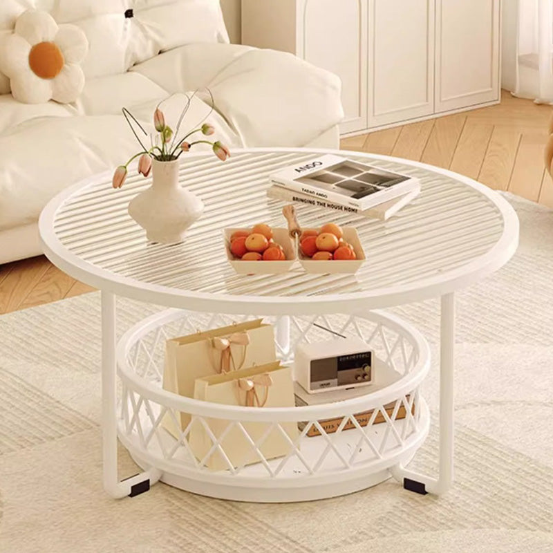 Modern Minimalist Round Tabletop Tempered Glass Iron Coffee Table 1-Shelf For Living Room