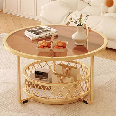 Modern Minimalist Round Tabletop Tempered Glass Iron Coffee Table 1-Shelf For Living Room