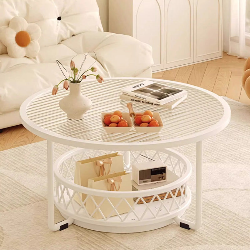 Modern Minimalist Round Tabletop Tempered Glass Iron Coffee Table 1-Shelf For Living Room