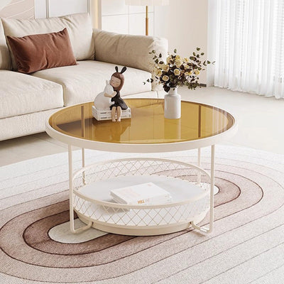 Modern Minimalist Round Tabletop Tempered Glass Iron Coffee Table 1-Shelf For Living Room