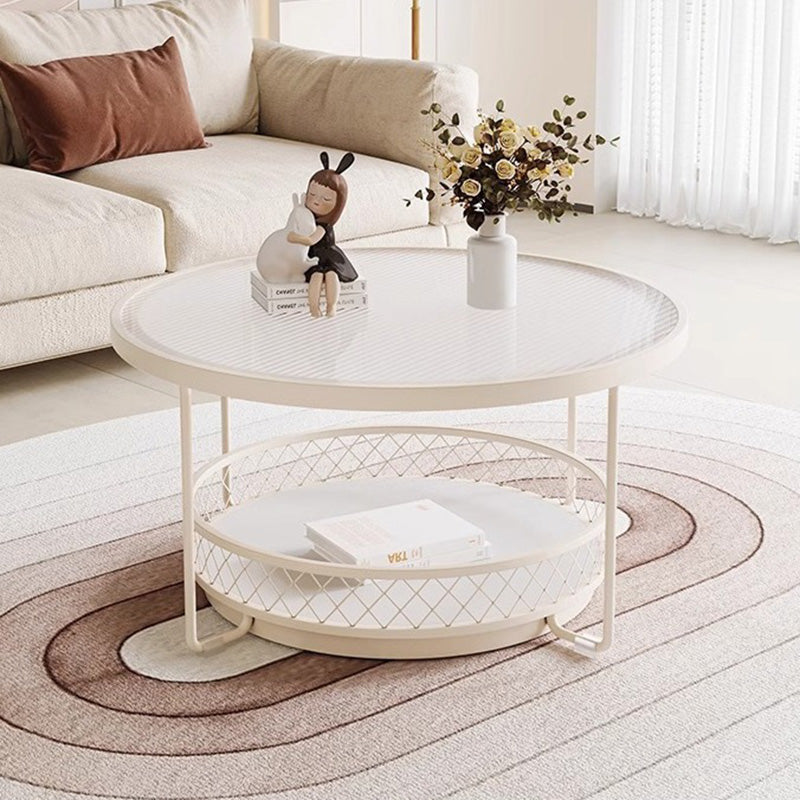 Modern Minimalist Round Tabletop Tempered Glass Iron Coffee Table 1-Shelf For Living Room