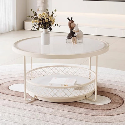 Modern Minimalist Round Tabletop Tempered Glass Iron Coffee Table 1-Shelf For Living Room