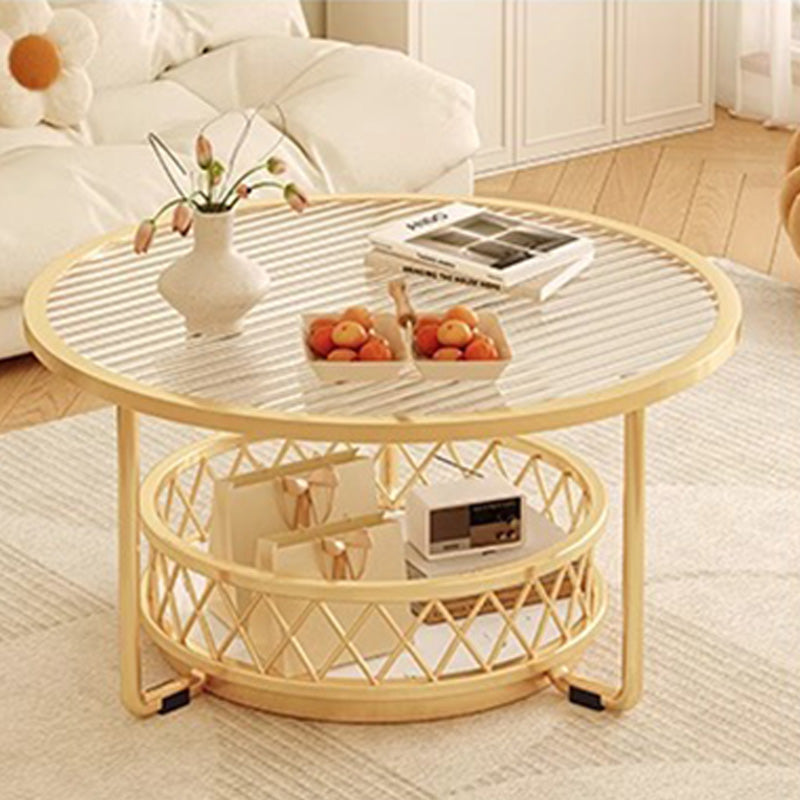 Modern Minimalist Round Tabletop Tempered Glass Iron Coffee Table 1-Shelf For Living Room