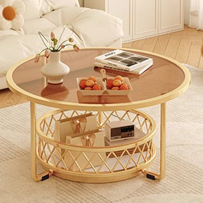 Modern Minimalist Round Tabletop Tempered Glass Iron Coffee Table 1-Shelf For Living Room