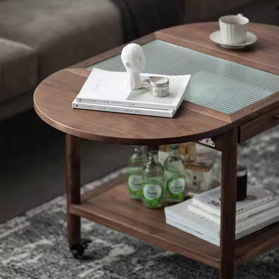 Modern Minimalist Oval Tabletop Solid Wood Metal Glass Side Table 1-Drawer For Living Room