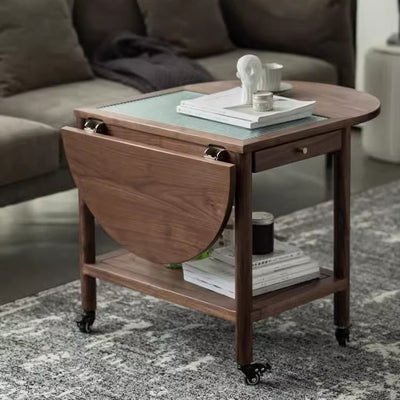 Modern Minimalist Oval Tabletop Solid Wood Metal Glass Side Table 1-Drawer For Living Room