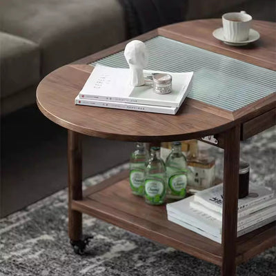 Modern Minimalist Oval Tabletop Solid Wood Metal Glass Side Table 1-Drawer For Living Room