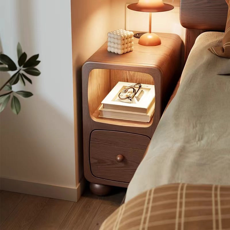 Modern Luxury Square Rubberwood Multi-Panel Nightstand 1-Drawer For Bedroom