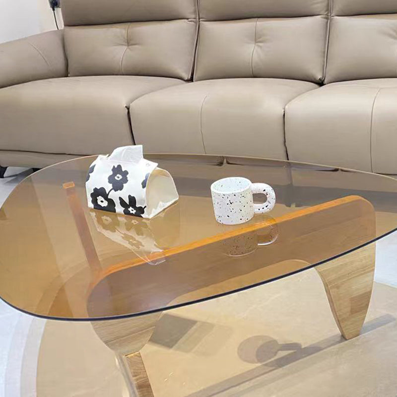 Modern Minimalist Oval Solid Wood Glass Coffee Table 3-Leg For Living Room