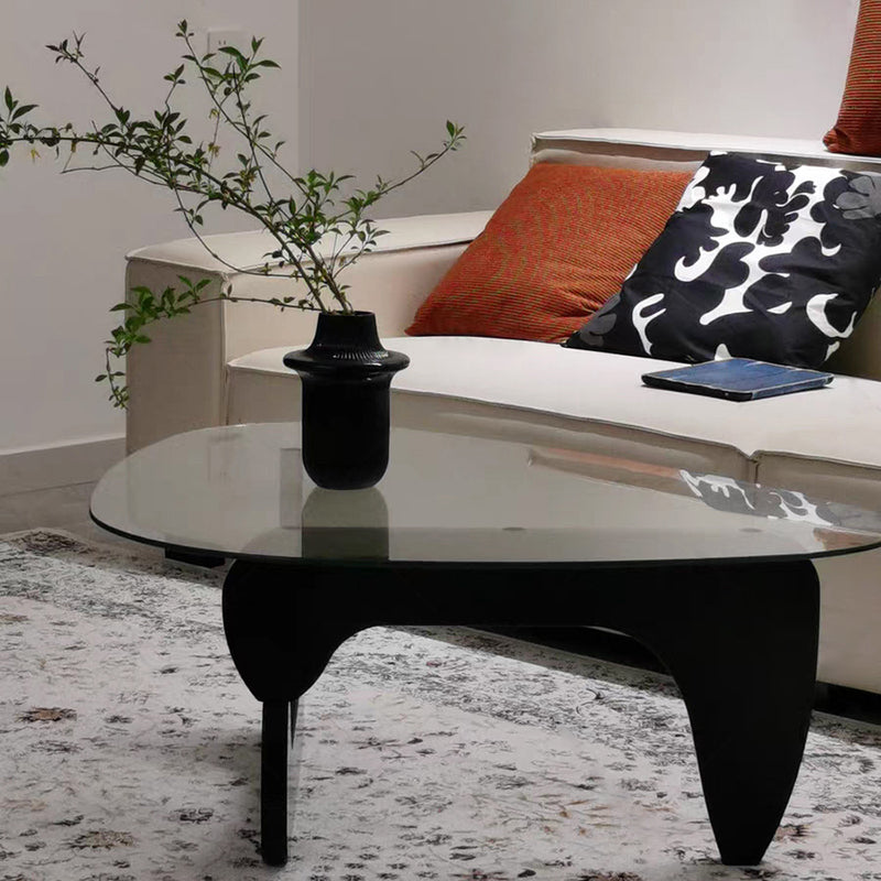 Modern Minimalist Oval Solid Wood Glass Coffee Table 3-Leg For Living Room