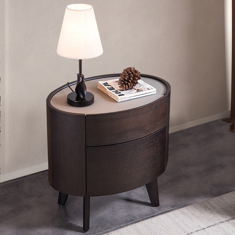 Modern Luxury Oval Solid Wood Glass Rock Slab Nightstand 2-Drawer For Bedroom