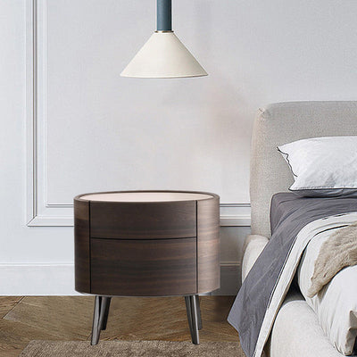 Modern Luxury Oval Solid Wood Glass Rock Slab Nightstand 2-Drawer For Bedroom