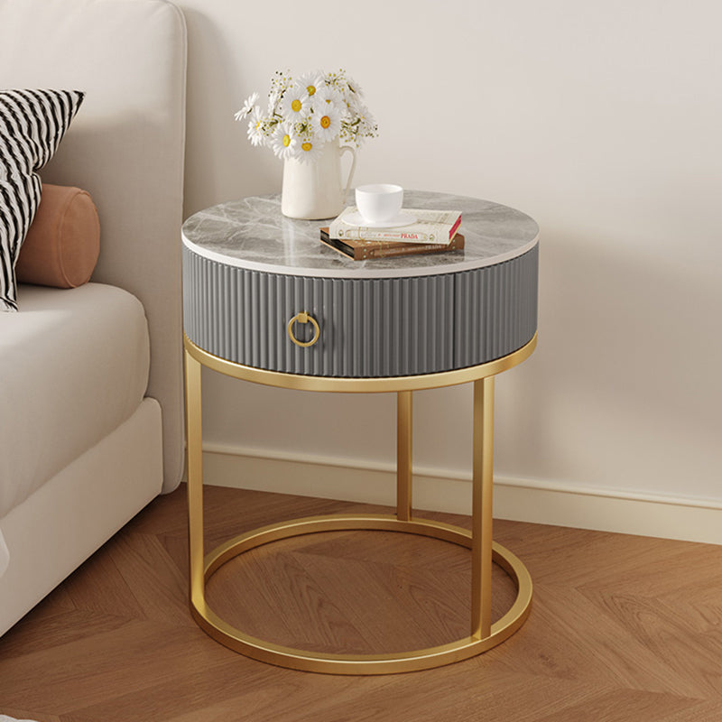 Contemporary Scandinavian Round Tabletop Rock Slab Carbon Steel Side Table 1-Drawer For Living Room