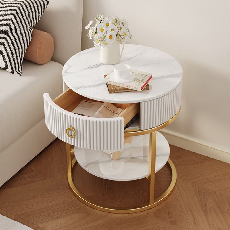 Contemporary Scandinavian Round Tabletop Rock Slab Carbon Steel Side Table 1-Drawer For Living Room