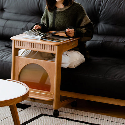 Modern Minimalist Square Cherry Wood Side Table 1-Shelf For Living Room