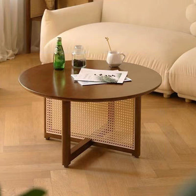 Traditional Japanese Round Solid Wood Rattan Coffee Table 4-Legs For Living Room