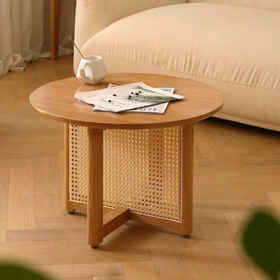 Traditional Japanese Round Solid Wood Rattan Coffee Table 4-Legs For Living Room