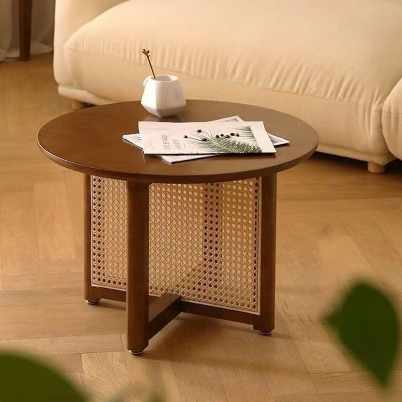 Traditional Japanese Round Solid Wood Rattan Coffee Table 4-Legs For Living Room