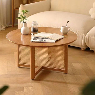 Traditional Japanese Round Solid Wood Rattan Coffee Table 4-Legs For Living Room