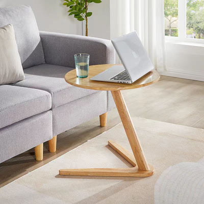 Modern Minimalist Round Tabletop Solid Wood Side Table 2-Leg For Living Room