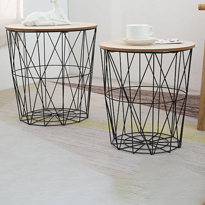 Contemporary Nordic Cylinder Iron Solid Wood Coffee Table 1-Storage For Living Room