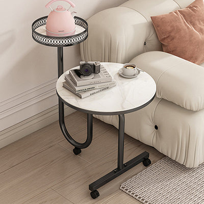 Modern Luxury Round Rock Slab Iron Side Table 1-Shelf For Living Room