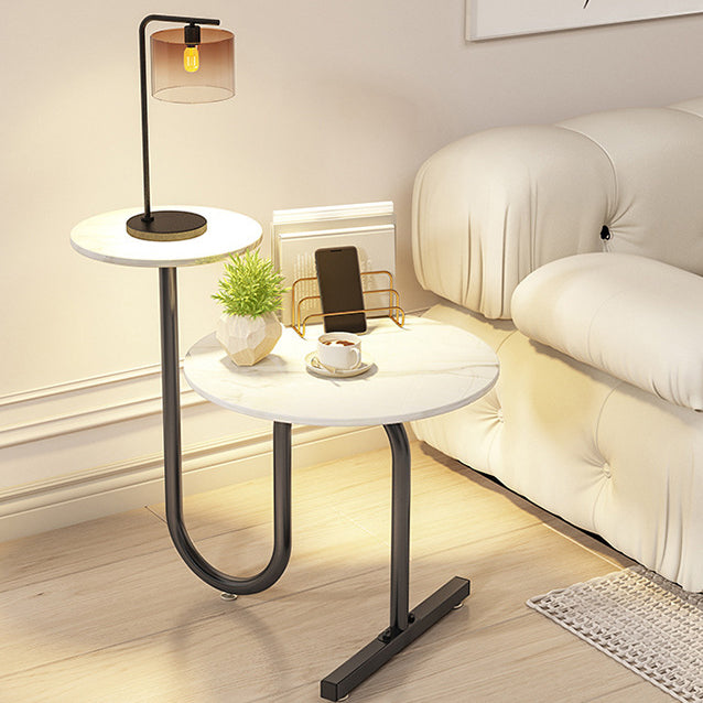 Modern Luxury Round Rock Slab Iron Side Table 1-Shelf For Living Room