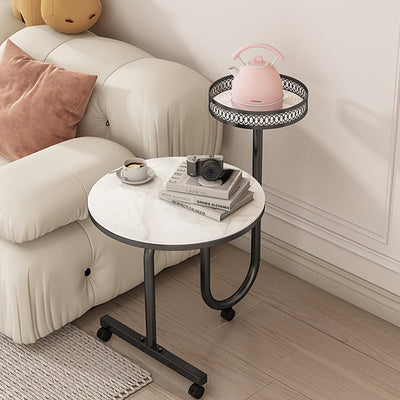 Modern Luxury Round Rock Slab Iron Side Table 1-Shelf For Living Room