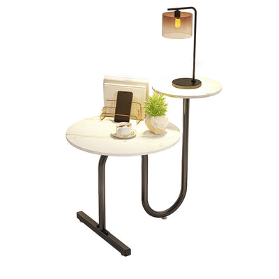 Modern Luxury Round Rock Slab Iron Side Table 1-Shelf For Living Room