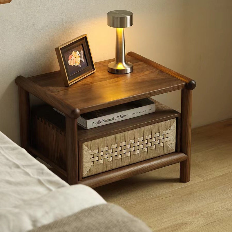 Traditional Japanese Rectangular Black Walnut Rattan Nightstand 1-Drawer For Bedroom