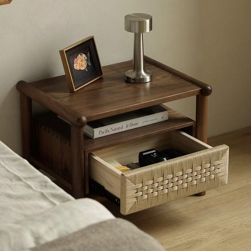 Traditional Japanese Rectangular Black Walnut Rattan Nightstand 1-Drawer For Bedroom