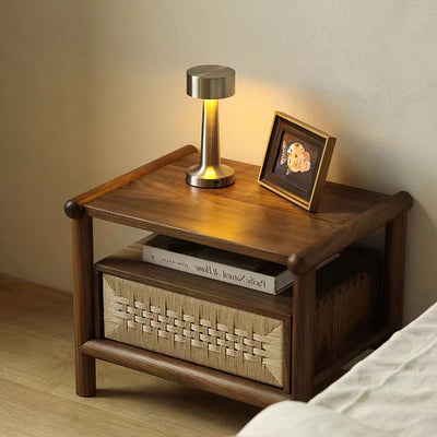 Traditional Japanese Rectangular Black Walnut Rattan Nightstand 1-Drawer For Bedroom