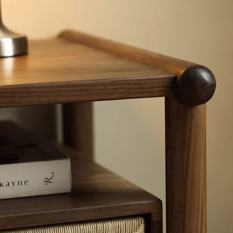 Traditional Japanese Rectangular Black Walnut Rattan Nightstand 1-Drawer For Bedroom