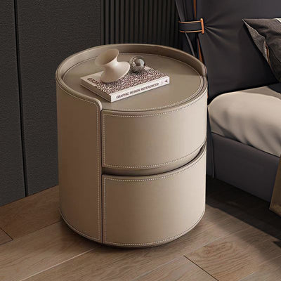 Modern Luxury Round Rock Slab Saddle Leather Nightstand 2-Drawer For Bedroom