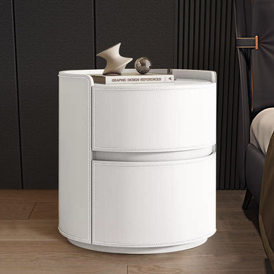 Modern Luxury Round Rock Slab Saddle Leather Nightstand 2-Drawer For Bedroom