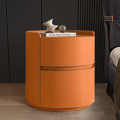 Modern Luxury Round Rock Slab Saddle Leather Nightstand 2-Drawer For Bedroom