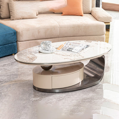 Table basse ovale moderne de luxe en acier inoxydable avec plateau en pierre et 1 tiroir pour salon 