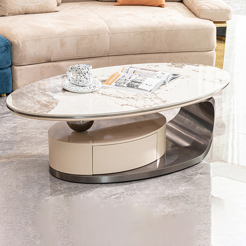 Table basse ovale moderne de luxe en acier inoxydable avec plateau en pierre et 1 tiroir pour salon 