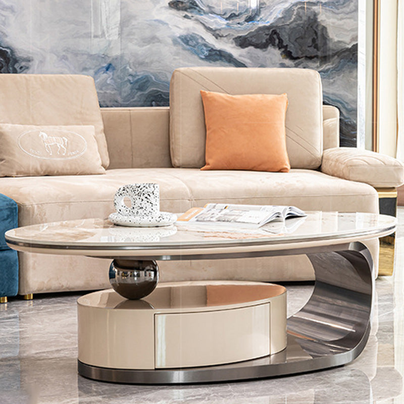 Table basse ovale moderne de luxe en acier inoxydable avec plateau en pierre et 1 tiroir pour salon 