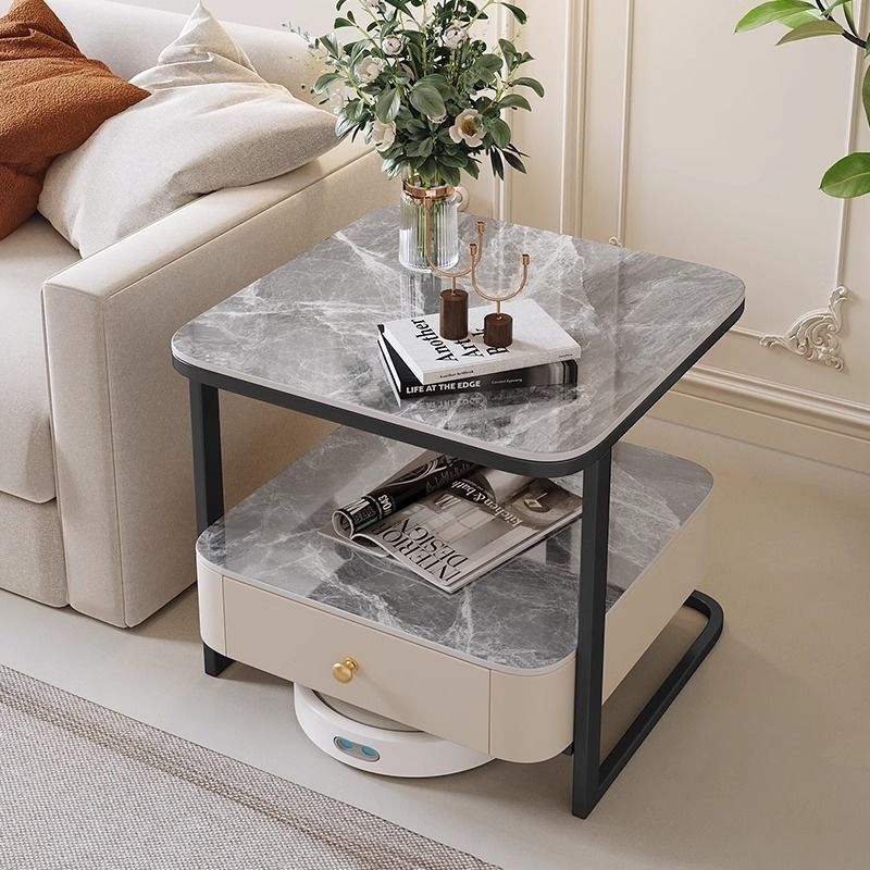 Modern Luxury Square Marble Slab Carbon Steel Coffee Table 1-Drawer For Living Room