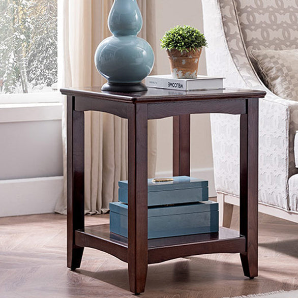 Traditional European Square Rectangle Solid Wood End Table 2-Tier For Living Room