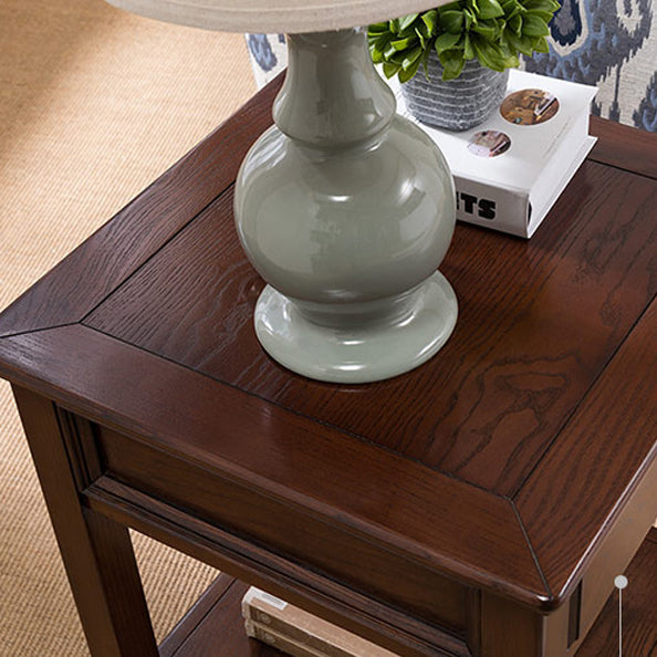 Traditional European Square Rectangle Solid Wood End Table 2-Tier For Living Room