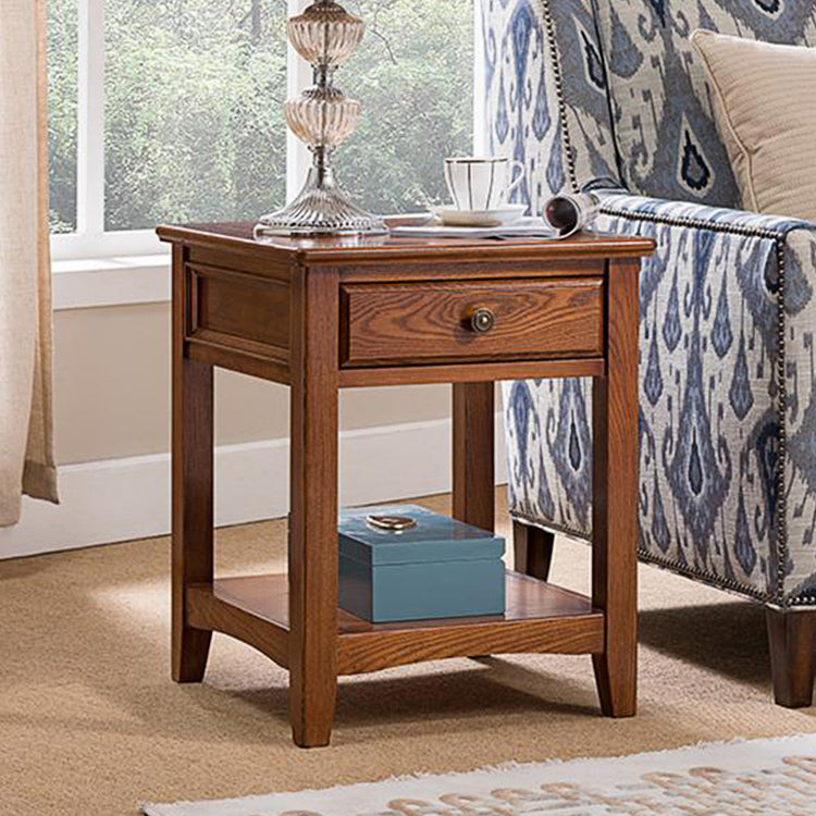 Traditional European Square Rectangle Solid Wood End Table 2-Tier For Living Room