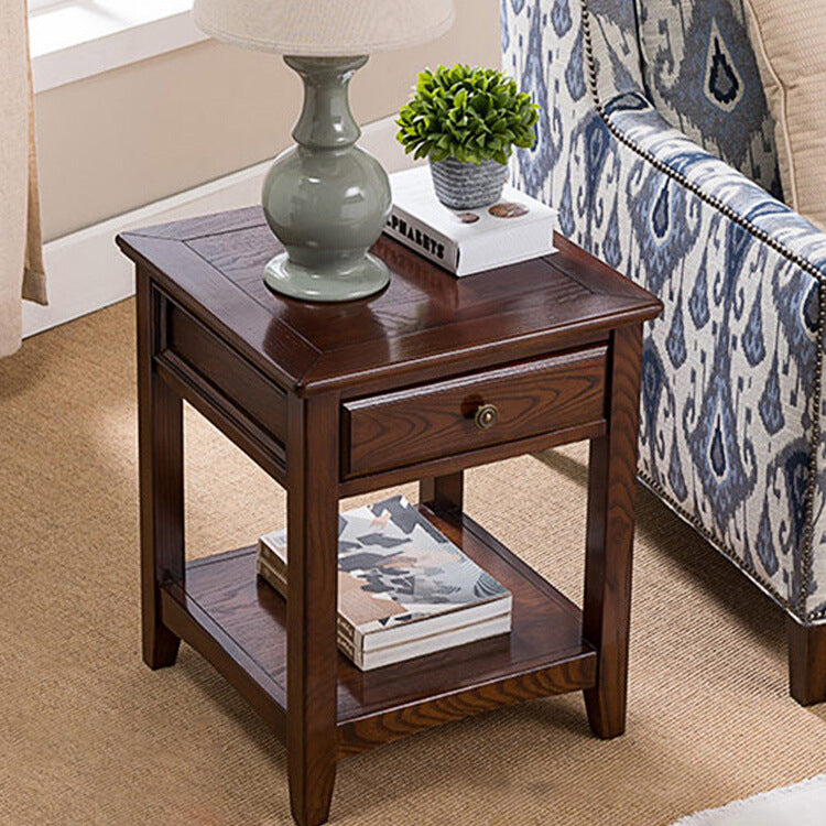 Traditional European Square Rectangle Solid Wood End Table 2-Tier For Living Room