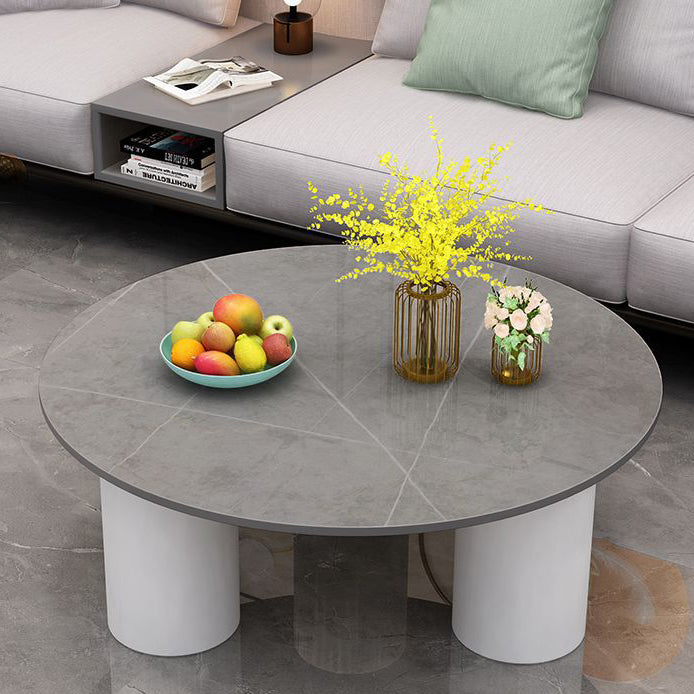 Modern Minimalist Round Column Rock Panel Glass Steel Frame End Table 1-Tier For Living Room