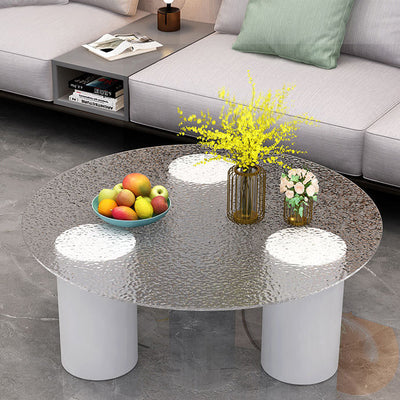 Modern Minimalist Round Column Rock Panel Glass Steel Frame End Table 1-Tier For Living Room