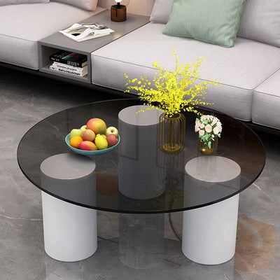 Modern Minimalist Round Column Rock Panel Glass Steel Frame End Table 1-Tier For Living Room