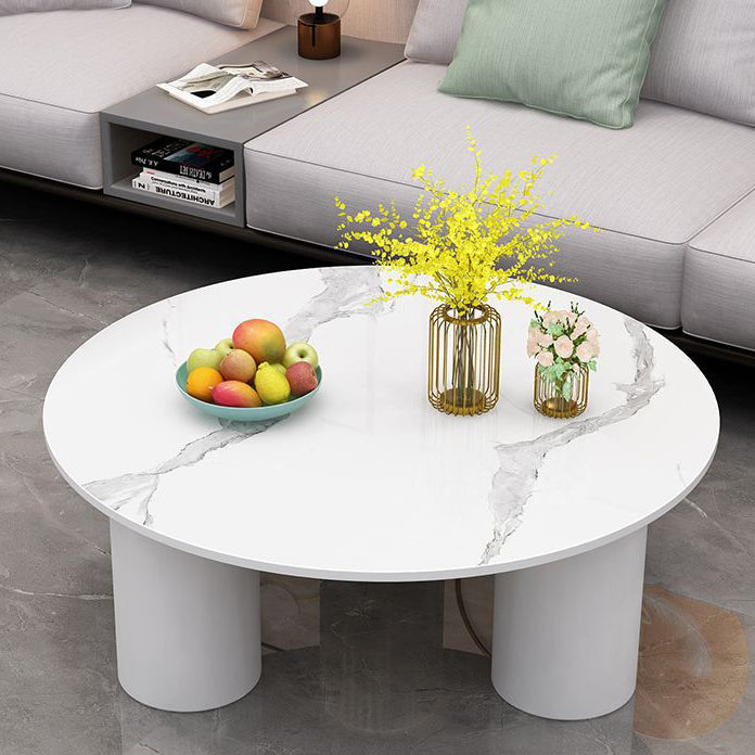 Modern Minimalist Round Column Rock Panel Glass Steel Frame End Table 1-Tier For Living Room