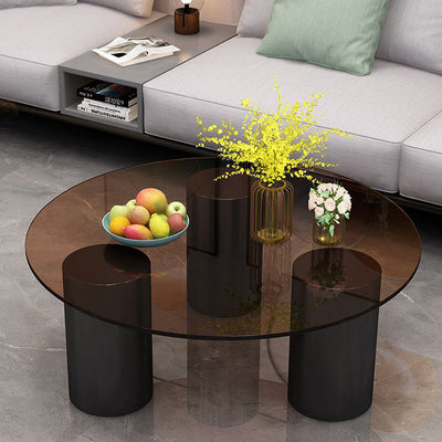 Modern Minimalist Round Column Rock Panel Glass Steel Frame End Table 1-Tier For Living Room